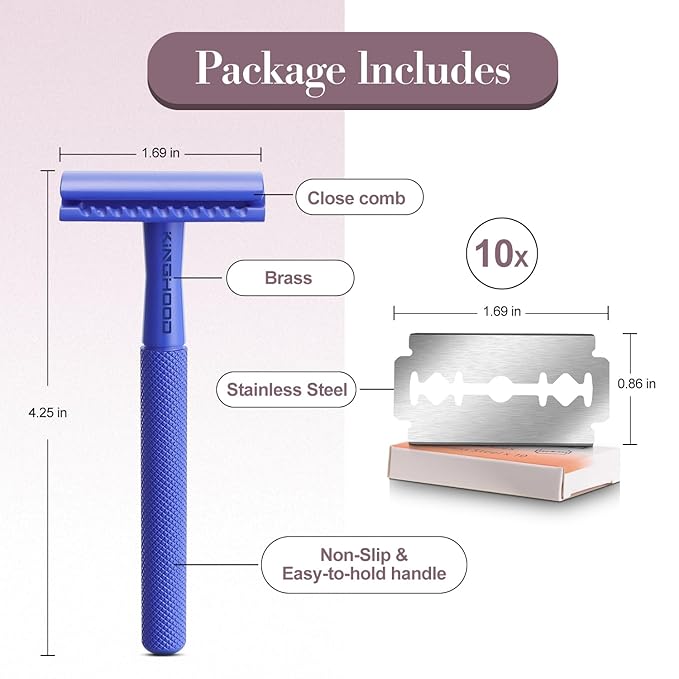 Kinghood Double Edge Safety Razor, Single Blade Razors with 10 Stainless Steel Blades, Reusable Metal Shaving Razor for Women and Men - Dark Blue