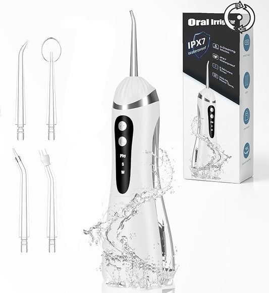 Cordless Water Flosser - Rechargeable Portable with 300ML Generous Tank, 4 Jet Nozzles & IPX7 Waterproof for Teeth Cleaning, Dental Care and Travel