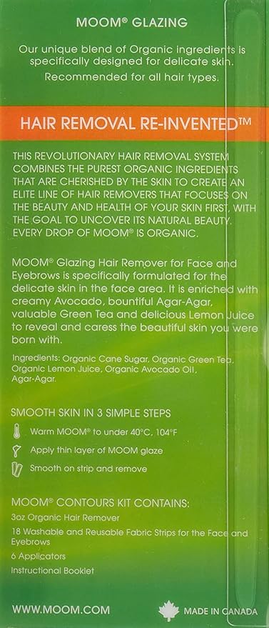 MOOM Organic Hair Removal Kit - Avocado Oil, Agar Agar & Green Tea Glaze, 18 Reusable Strips, 6 Application Sticks, 3 oz. Jar