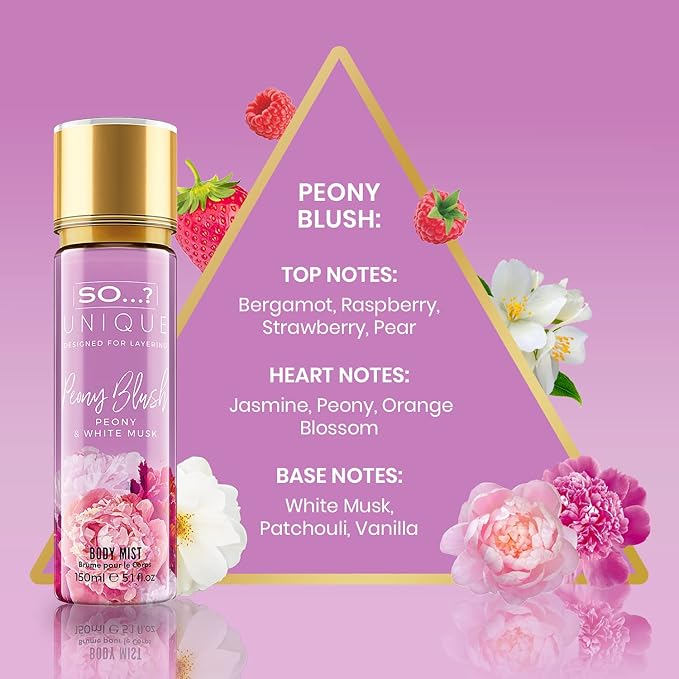 So...? Unique Peony Blush Body Mist - Floral, Fruity Vanilla Perfume with Bergamot and Pear Notes - Perfume for Women - Body Spray for Women - 5.1 oz