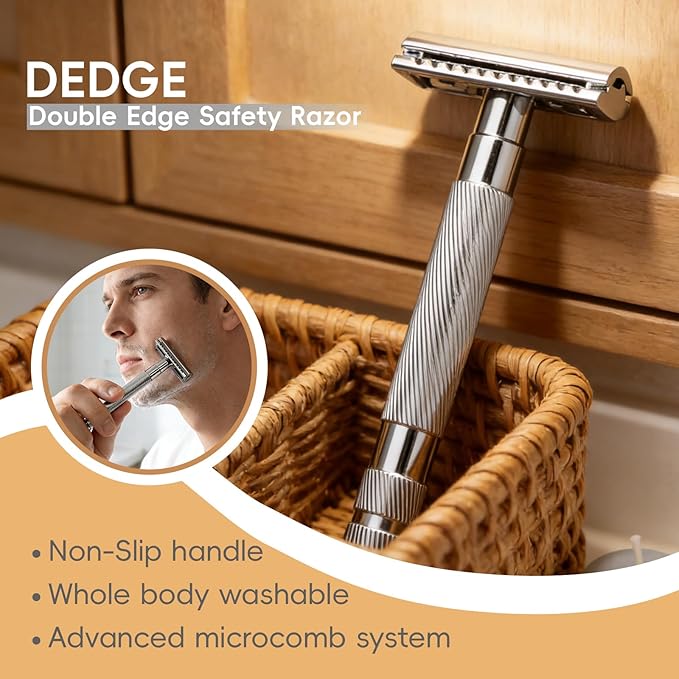 DEDGE Classic Double Edge Safety Razor Single Blade Razor For Men, Reusable Razor, with 5 Premium Razor Blades -Chrome