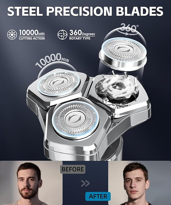 Electric Razor for Men，10,000RPM High-Speed Motor, IPX8 Waterproof, USB Fast Charging, Quick Charge & Travel Lock，Upgraded Mirror Silver