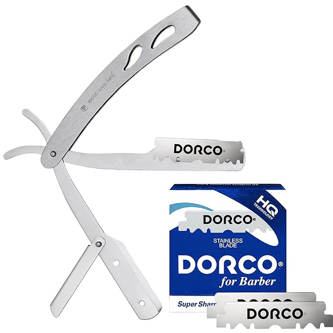 The Shave Factory Straight Edge Razor Kit - with Single Stainless Steel razors (Stell + Blue)