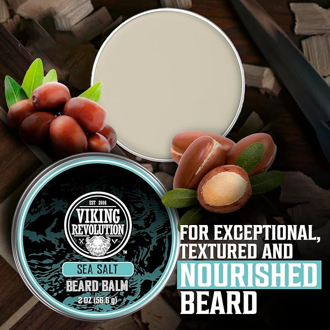 Viking Revolution Sea Salt Beard Balm for Men - Beard Butter for Men with Argan Oil and Jojoba Oil Softener and Moisturizer Styling Balm (1 Pack, 2oz)
