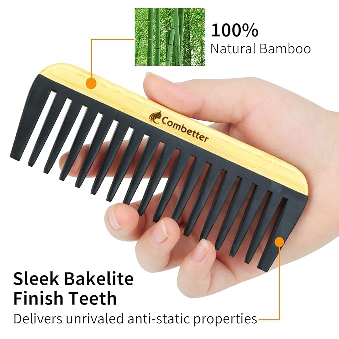 Combeter Bambooo Wide Tooth Comb for Thick,Wavy & Curly Hair and Beard - Anti-Static Durable Bakelite & Eco-Friendly Wooden Large Tooth Detangler Hair Comb| Soothing Frizz Control for Women, Men