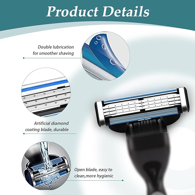 Precision Razor Blades 24Pcs Double Lubrication Strip Manual Razor Replacement Blades,Compatible with Mach 3 Razors Refills,Men's Manual Universal Shaver Blades
