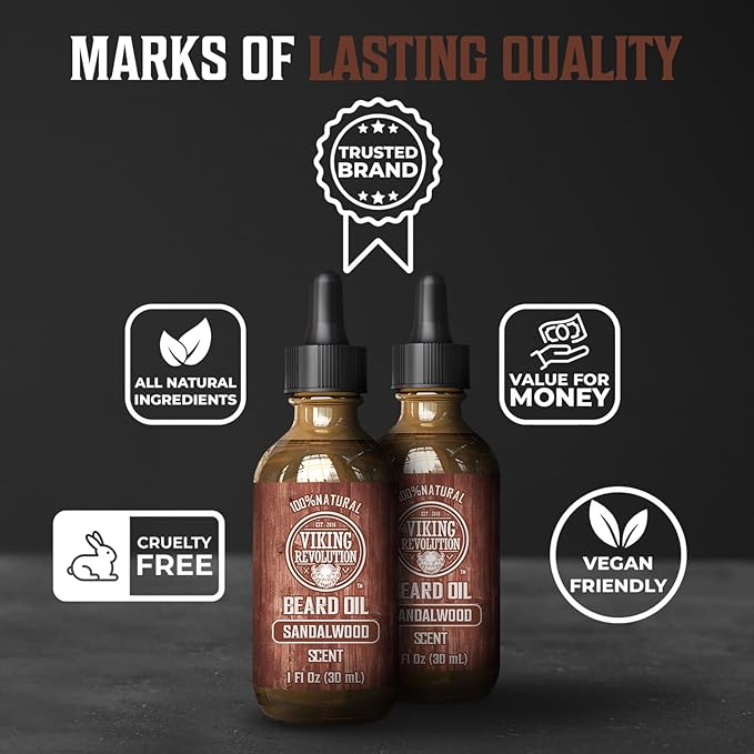 Viking Revolution Sandalwood Beard Oil for Men - Natural Mens Beard Oil with Argan Oil and Jojoba Oil - Beard Softener, Strengthens and Moisturizes - Beard Conditioner for Men (Sandalwood, 2 Pack)