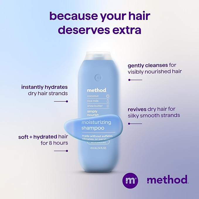 Method Moisturizing Shampoo, Simply Nourish - Instantly Hydrates and Revives Dry Hair, Safe for Color-Treated Hair - Sulfate Free, Paraben Free and Cruelty Free - 14 Fl Oz, Pack of 1