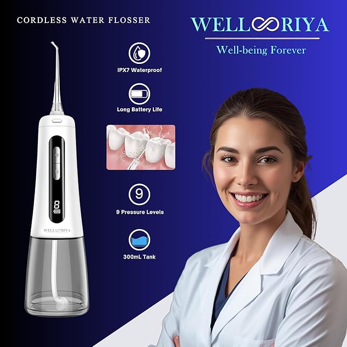 Cordless Water Dental Flosser – Power Dental Flosser for Teeth & Gums, 9 Pressure Levels, 300mL Tank, USB-C Rechargeable Oral Irrigator, IPX7 Waterproof for Braces & Travel – Wellooriya (White)