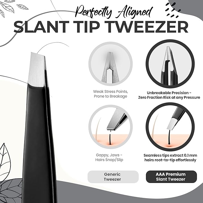 Professional Slant Tip Eyebrow Tweezers for Women & Men – Precision Hair Removal Tool – Stainless Steel Tweezers for Eyebrow Shaping, Facial Hair, Ingrown Hair & Splinter Removal (Lustrous Black)