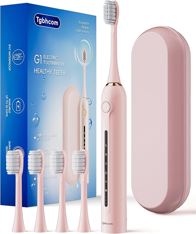 Pink Electric Toothbrushes, with 4 Brush Heads, 1 Travel Toothbrush Case, for Adults and Kid Electric Toothbrush, Long 180-Day Battery Life, 6 Modes, IPX7 Waterproof, Smart 2-Minute Timer.