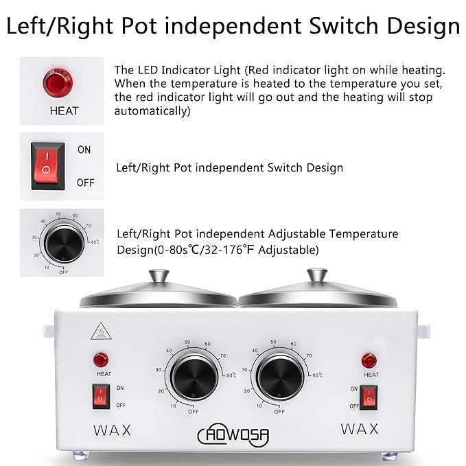 Professional Waxing Kit Wax Warmer Double Pot Wax Heater Machine for Hair Removal, Large Waxing Pot for Spa Salon Beauty Esthetician Home, with Adjustable Temperature Set, 50 Stick(White)