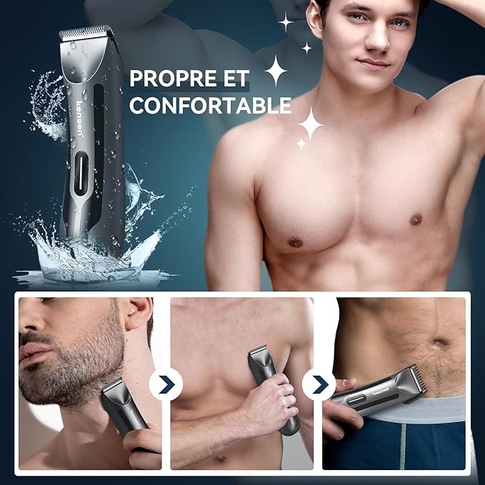 kensen Body Hair Trimmer for Men - Groin & Pubic Hair Trimmer with Ceramic Blades, Manscape Body Shaver for Men with LED Light Ball Shaver IPX7 Waterproof Wet/Dry Rechargeable Body Trimmer Mens Gift