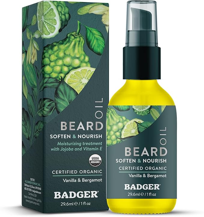 Badger Beard Oil, Babassu & Jojoba, Certified Organic, Premium Beard Conditioner, Beard Oil for Dry Skin, Beard Oil for Long Beards, Facial Hair Oil, 1 fl oz Glass Bottle