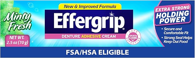 Effergrip Denture Adhesive Cream, Minty Fresh, 2.5 Oz, Zinc-Free Formula with Extra Strong Grip