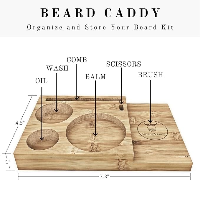 Striking Viking Beard Growth Kit - 7-Piece Set, Sandalwood - Softening Sandalwood Beard Oil & Balm - Brush with Mustache Comb & Scissors - Compact Caddy Organizer & Gifts for Men