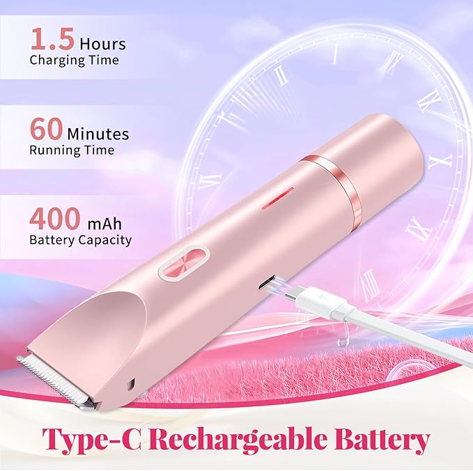 Bikini Trimmer for Women, 2-in-1 Painless Dual Head Shaver Women with Painless Ceramic Blades, Waterproof Electric Razors for Body & Face, Holiday Gift for Her (Pink)
