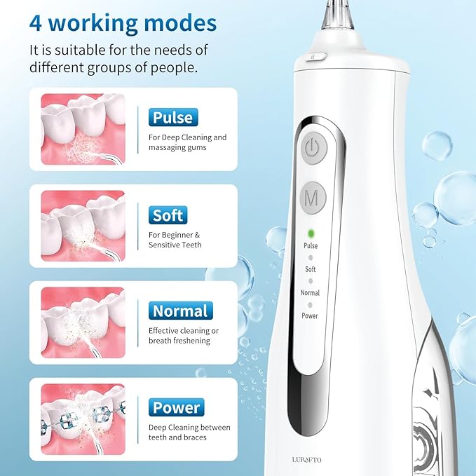 White Cordless Water Flosser for Teeth | Portable Oral Irrigator with 4 Modes | IPX7 Waterproof, Rechargeable, 300ml Water Tank for Everyday Oral Care & Travel