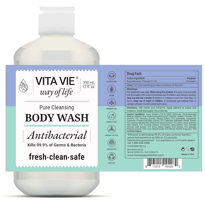 Body Wash, Lemon Scent, Antibacterial Soap for Hands and Forearms With Hazel, Willow Bark Extract, and Tea Tree Oil, Clean Nourishing Formula, Vegan, Paraben Free, Non GMO, 12 FL Oz, 2 Pack