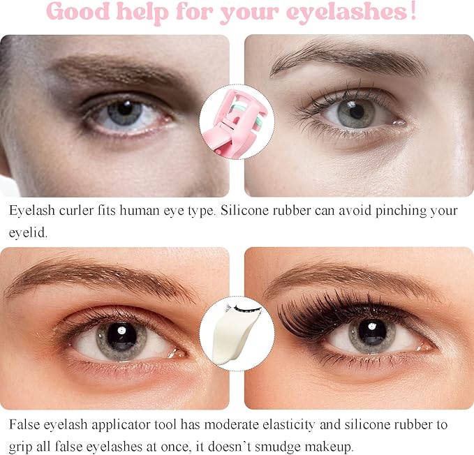 ONEUPIN 7-Piece Professional Eyebrow Grooming Kit with Razor, Tweezer, Eyelash Curler, False Eyelash Tool, Scissors, Comb - Women's Kit (Pink)