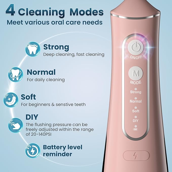 Water Flosser for Teeth Cleaning, 300ML Portable Cordless Oral Irrigator with DIY Strength, 4 Modes, IPX7 Waterproof & 30-Day Battery, 2-Min Smart Timer for Home/Travel Dental Care, Rose Gold
