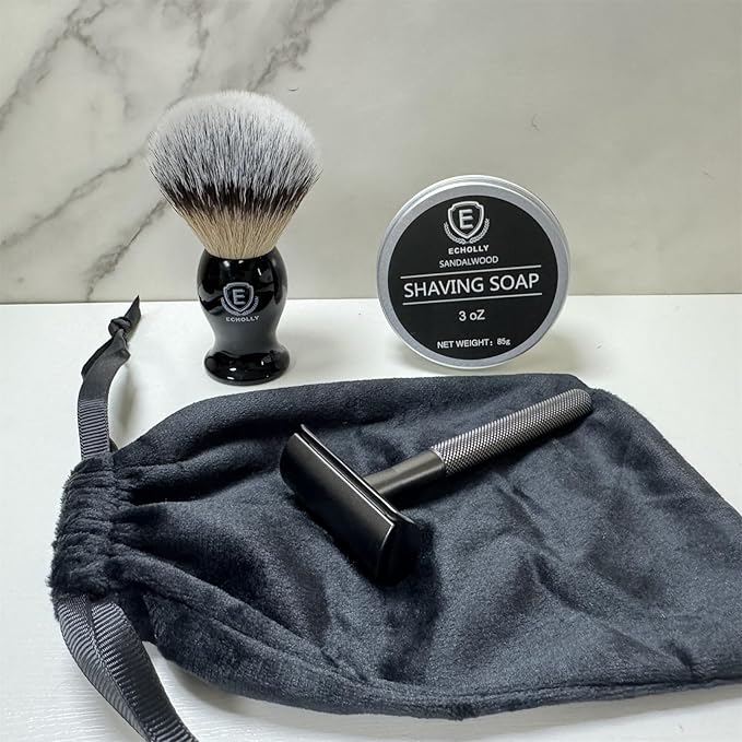 Wet shaving kit Men's Travel - Essential Shaving Brush Set - with Shaving Brush, Sandalwood Scented Shave Soap, High - Quality Zinc-Alloy Razor, Travel Bag & Gift Box