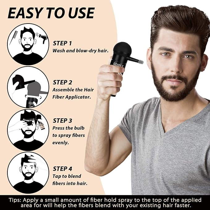 Hair Thickening Fibers & Pump Applicator Set Professional 3-in-1 Hair & Beard Styling Set - Hair Fibers Barber Enhancement Spray for Mens Hair&Beard - Hairline Enhancer&Volumizing Spray(Medium Brown)
