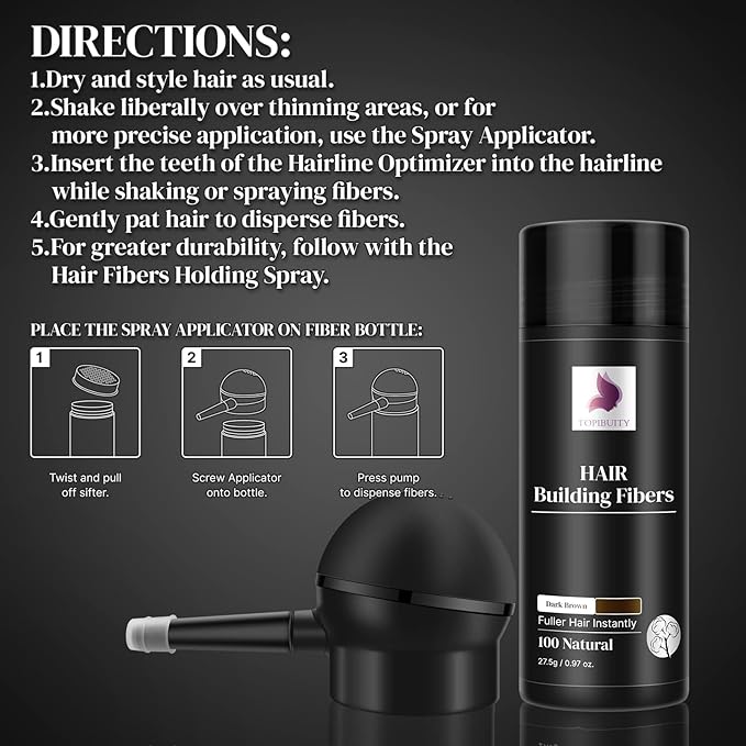 Hair Fibers for Thinning Hair Fiber Applicator 3-in-1 Set - Natural Concealing Hair Building Fibers - Long-Lasting Spray with Accessory for Crisp Hairlines, Thicker Beard & Styling (Dark Brown)
