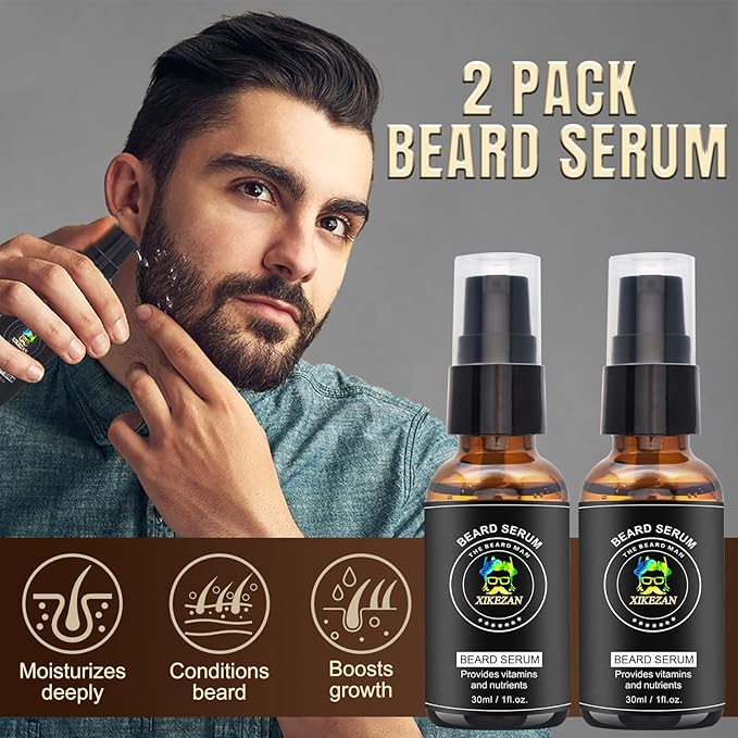XIKEZAN Beard Kit for Men Grooming & Care Set w/2 Pack Beard Serum, Wash, Oil, Balm, Comb, Brush, Scissor, Bag, EBook, Unique Birthday Gifts for Men Him Dad Husband Brother Christmas Stocking Stuffers