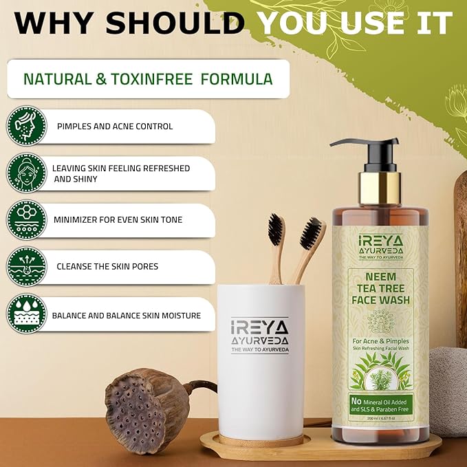 Neem Tea Tree Face Wash 200ml (6.76oz) with Neem Extract & Tea Tree Oil | Moisturizing Cleanser for Men and Women, Gentle Daily Wash for Soft and Smooth Skin