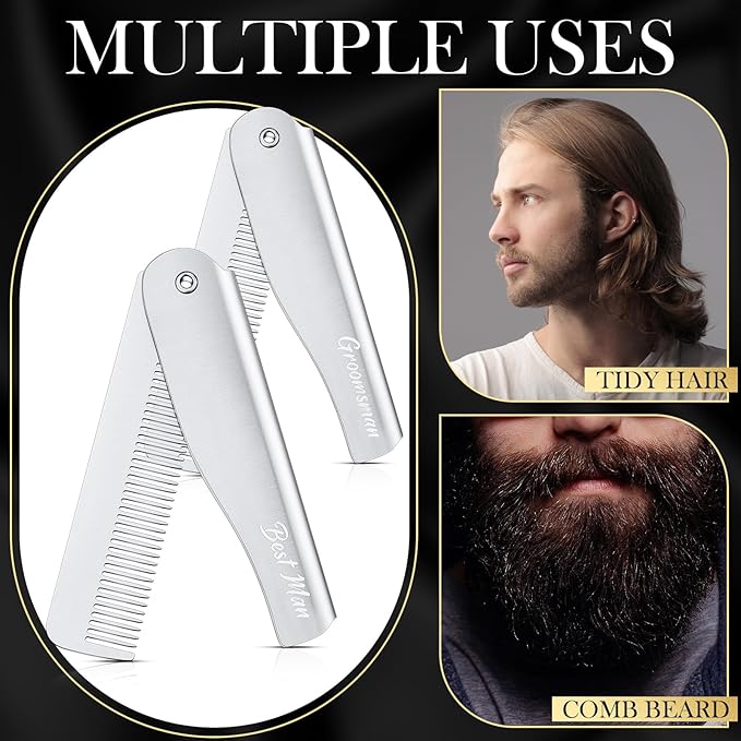 6 Pcs Groomsmen Gifts Folding Beard Comb for Men with Opener Groomsmen Gift Set of 6 Best Man Proposal Gift Combs Hair Mustache for Wedding Party Favor Grooming Detangling(Silver,Stainless Steel)