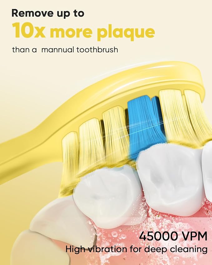 MySmile DY156 Electric Toothbrush for Adults, Rechargeable Sonic Battery Toothbrush Portable with 3 Brush Heads, 2 Mins 5 Modes Smart Timer, 45000VPM, One Charge for 60 Days - Yellow