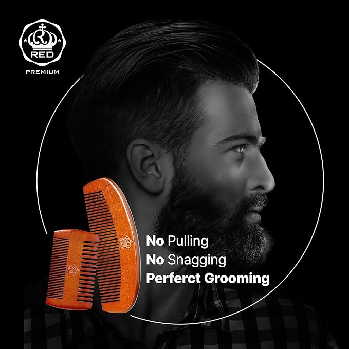 RED by Kiss Premium Wood Men Dual Side Beard Comb, Easy Detangling and Styling, Durable Design for Gentle Beard Hair & Mustache Grooming Essential, No Snagging & Pulling, Maximize Conditioning
