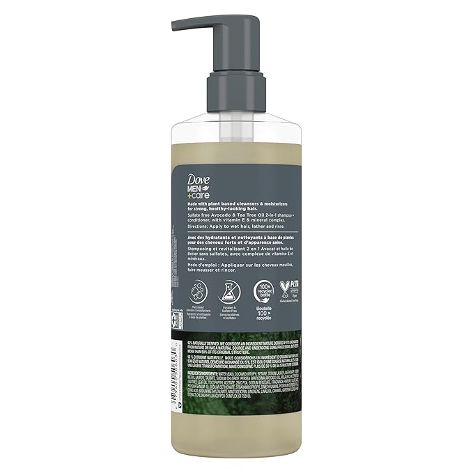 Dove Men+Care 2-in-1 Shampoo + Conditioner Avocado & Tea Tree Oil for Strengthening Hair, with Vitamin E & Mineral Complex, 17.5 oz