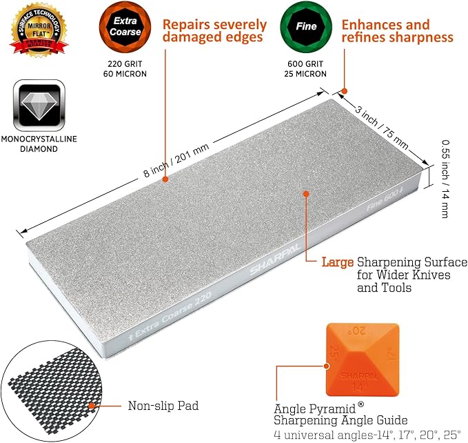 SHARPAL 169H Large 8" x 3" Dual-Grit Diamond Sharpening Stone – Extra-Coarse 220 & Fine 600 Grit Monocrystalline Diamond Whetstone, Professional Knife Sharpener with Anti-Slip Pad and Angle Guide