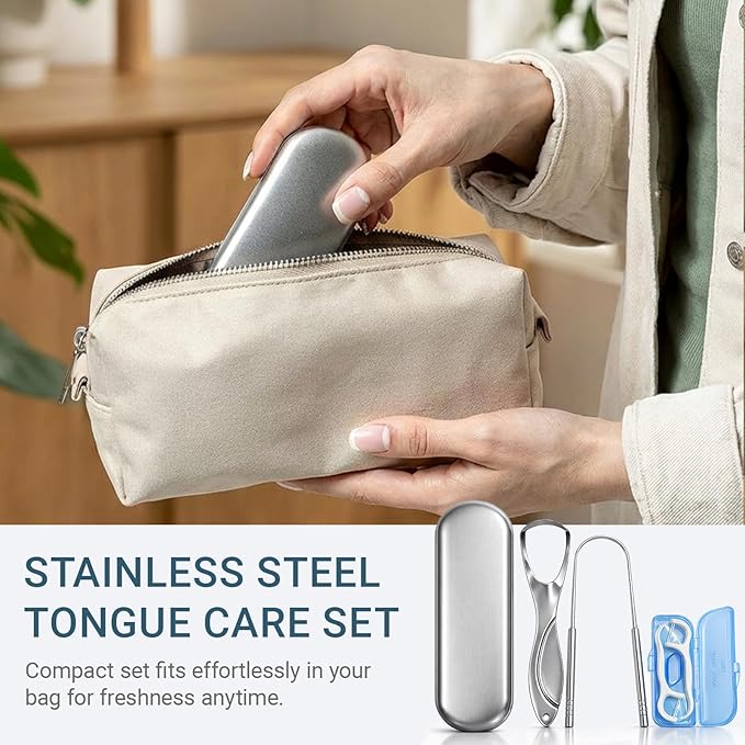 2-Pack Stainless Steel Tongue Scraper for Adults, Metal Tongue Cleaner & Scraper Kit with Travel Case & FREE Dental Floss – Dual Design for Effective Tongue Cleaning, Health & Beauty Essential