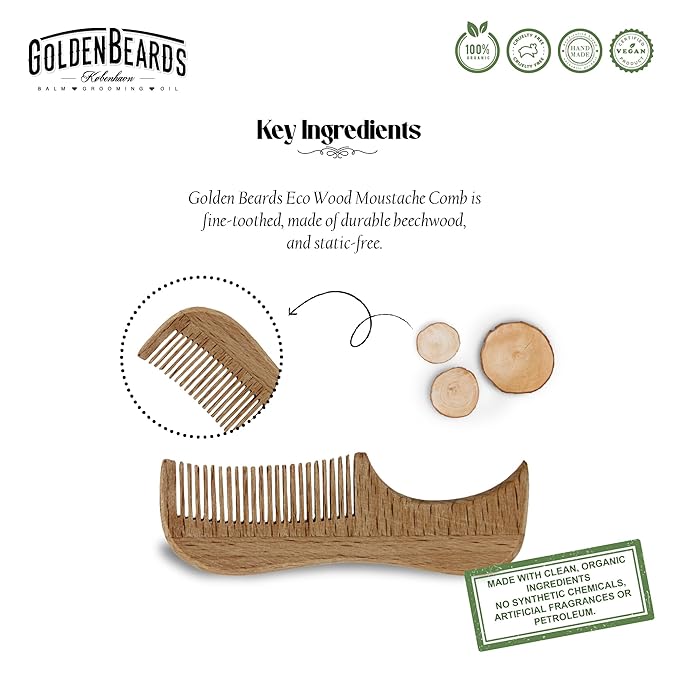 Golden Beards Moustache Wax & Eco Wood Vegan Comb Kit – Medium Hold Wax with Lime Scent & Eco Wood Comb 2.5 in – Handmade, Vegan, Cruelty-Free Moustache Styling Set