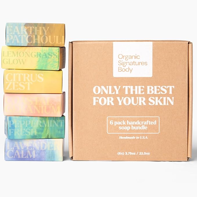 Organic Soap Bar Set - 6 Pack, Cold Process Natural Bar Soap for Women & Men for Sensitive Skin, Body, Face and Hands, Leaping Bunny Certified, Aromatherapy Bath & Shower Gift Set, Made in USA