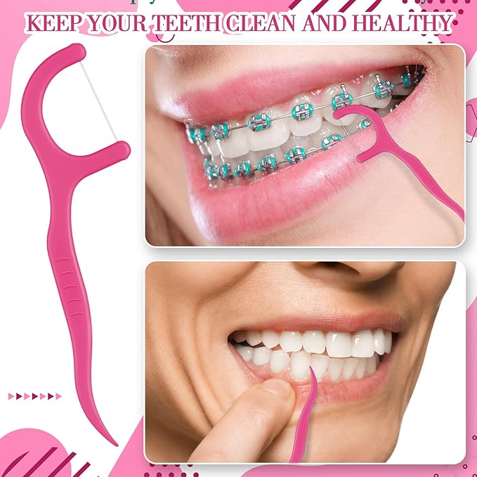 Baderke 200 Count Floss Picks Bulk Non Breakable Tooth Picks Flosser Dental Floss Sticks for Adults Teeth Cleaning Dental Flossers for Family Pack Travel (Hot Pink)