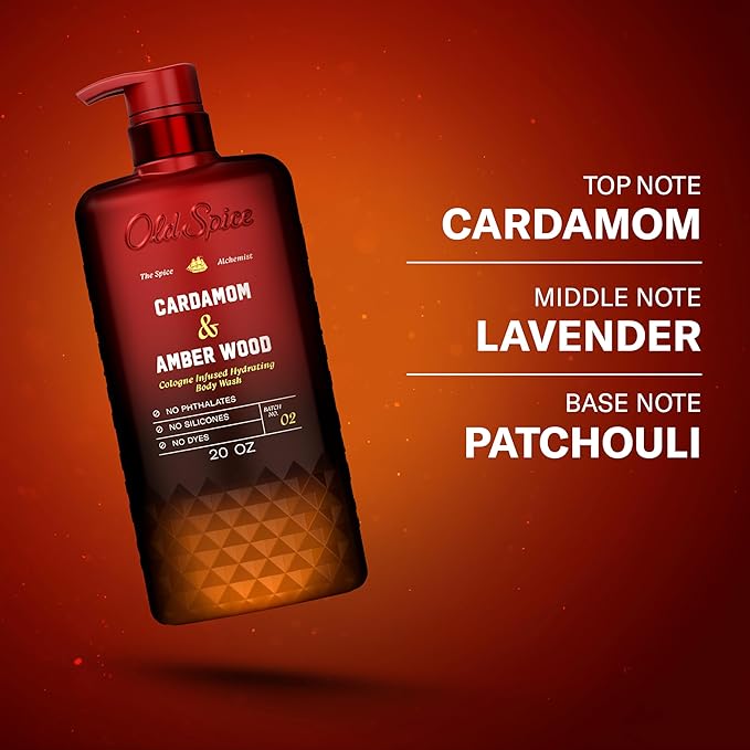 Old Spice Body Wash for Men, The Spice Alchemist Collection, 24/7 Cologne Infused Hydration, No Trade Off Formula, Free of Phthalates Silicones & Dyes, Cardamom + Amber Wood Scent, 20 oz