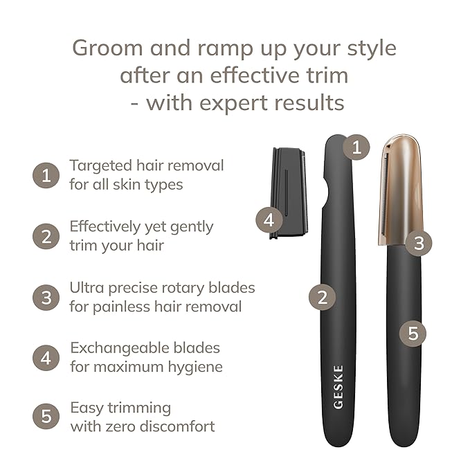 GESKE Precision Trimmer | 4 in 1 | Painless, Hygienic Hair Remover | Precise Hair Trimmer Tool | Face & Body | Men & Women | Grooming Device | Hypoallergenic, Easy-to-exchange Blades | All Skin Types
