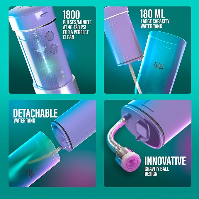 GuruNanda Compact Water Dental Flosser, Portable Travel Size Oral Irrigator Flosser with Collapsible 180 ml Tank, Smart Timer, 4 Flossing Modes, TSA-Friendly - Lavender