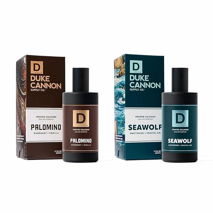 Duke Cannon Supply Co. Proper Cologne for Men 2-Pack – Palomino & Seawolf – Bourbon & Oak Barrel and Driftwood & Coastal Air, Eau de Parfum Spray, Long-Lasting Masculine Fragrance, 1.7 Fl Oz.