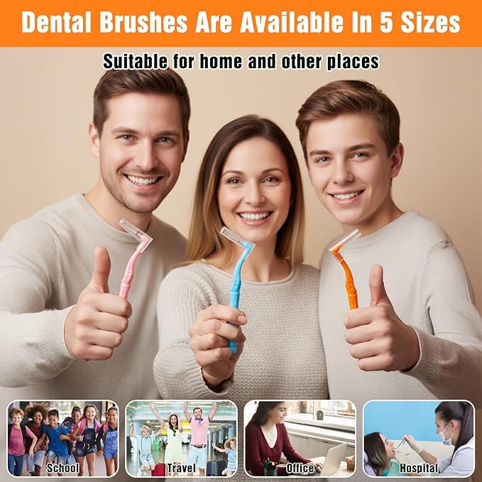 150pcs L-Shaped Interdental Brushes, 5 Sizes Soft Dental Brushes with Non-Slip Handle, Angled Head Tooth Picks for Braces, Implants, and Oral Cleaning
