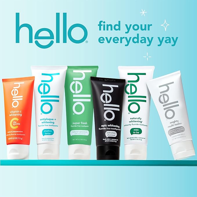 hello 8 in 1 Mighty Multi-Tasker Fluoride Toothpaste Pack, SLS Free Toothpaste with Fluoride, Antigingivitis and Antisensitivity, Strengthens Enamel and Whitens, Natural Mint Blend, 2 Ct, 4.0 Oz Tubes