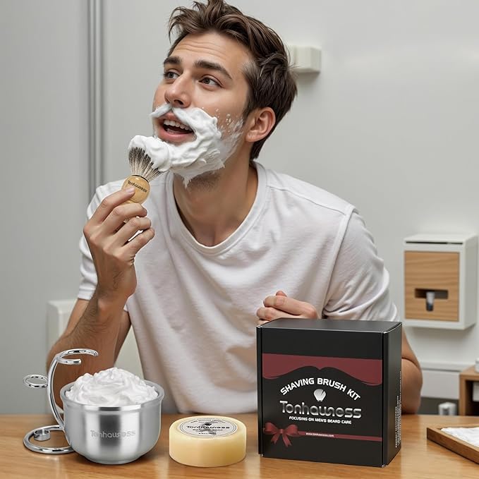 Shaving Brushes Kit For Men, 4 In 1 Shaving Brush Set Includes Hair Bristle Shaving Brush, Stainless Steel Shaving Bowl, Shaving Stand with Razor Holder and Shaving Soap