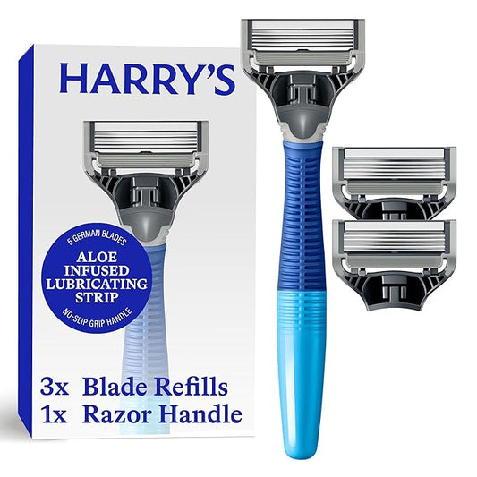Harry's Original Shaving Kit for Men - Razor Handle and 3 Razor Blade Refill Cartridges - German Engineered - Ocean Blue