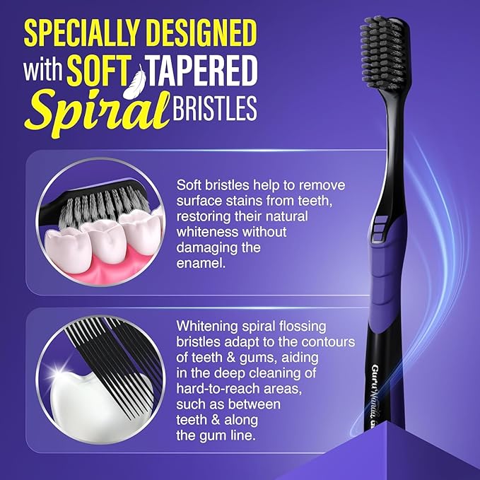 GuruNanda Gentle Giant Charcoal Toothbrush - Dual Action Flossing Spiral Bristles, Non-Slip Ergo Dexa Grip Handle, Helps in Teeth Whitening, BPA Free, 2ct (Pack of 3)
