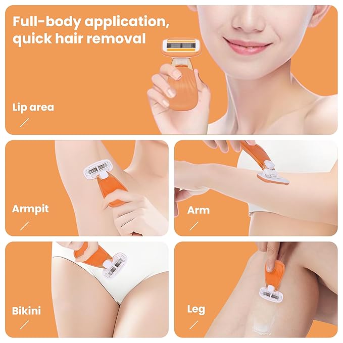 Moisturizing Bar Mini Travel Razor Kit for women Under Arm Pubic Hair Lines- 1 Handle and 3 Cartridges - Extra Smooth 5-blade With Case for Close Shaving - Orange