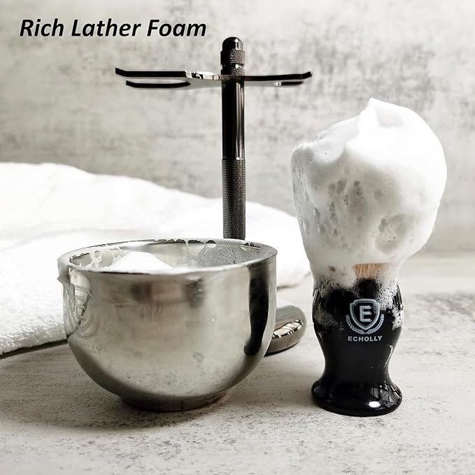 3 in1 Premium Shaving Brush Kit for Men Includes Vegan Badger Synthetic Hair Shaving Brush,Stainless Steel Shaving Soap Bowl,Heavy Safety Stand for Mens Gift (Deluxe Black)